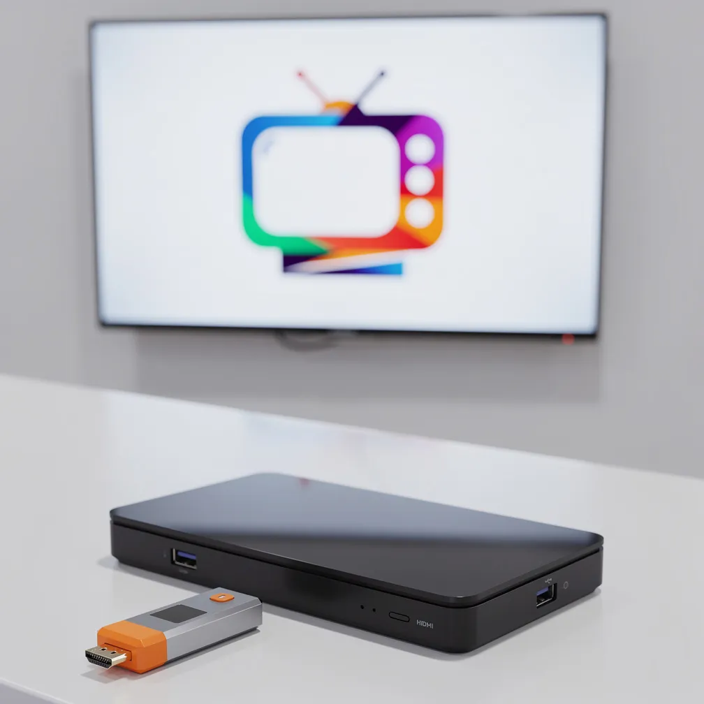 A compact player and HDMI stick with a TV in the background
